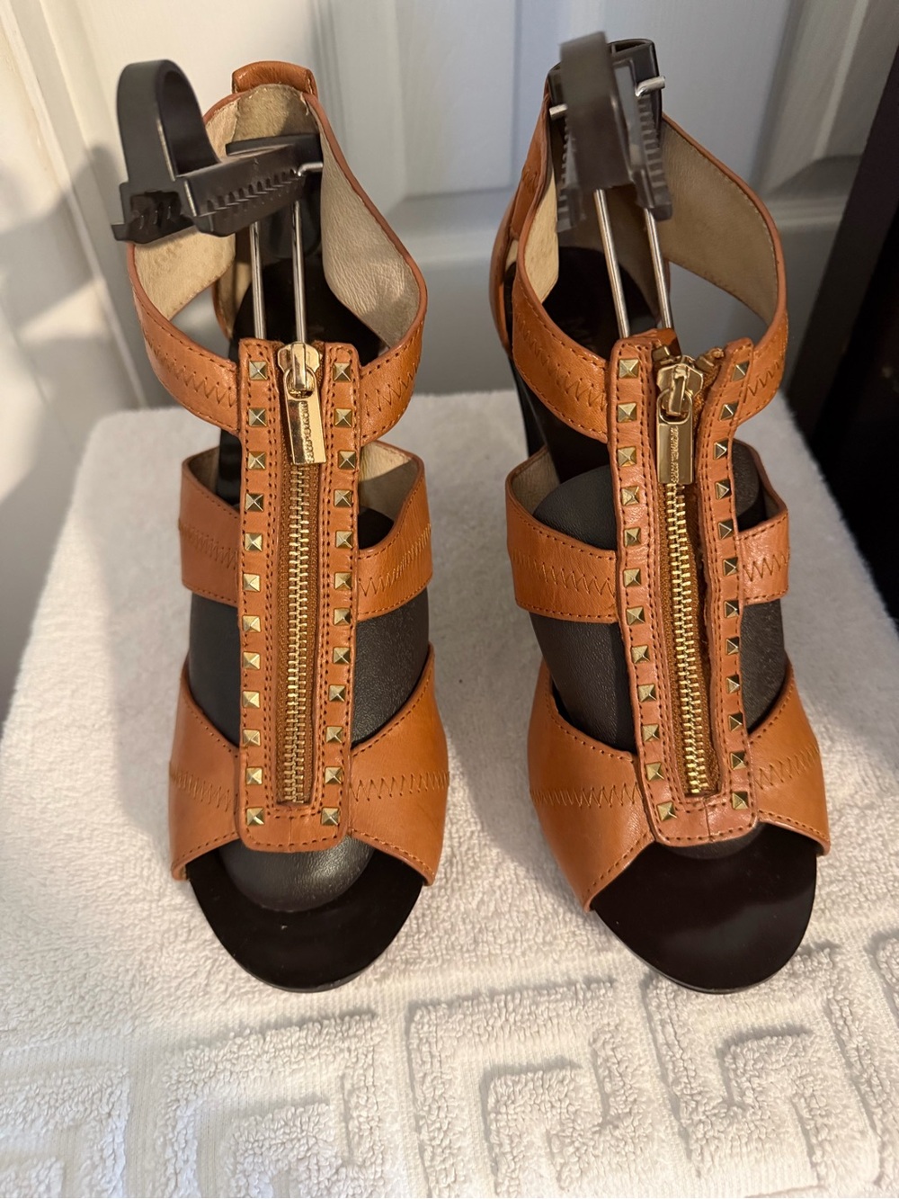 Michael Kors Cognac Leather Studded Zip Front Heels